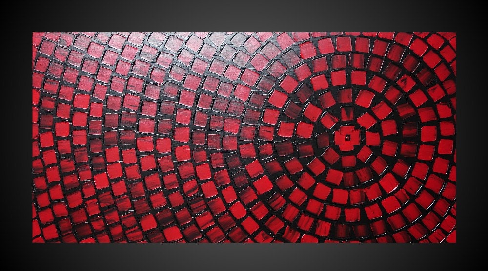 48 x 24 ORIGINAL Abstract Acrylic Painting Art Deco Textured Black Red Squares Modern Ready to Hang FREE SHIPPING