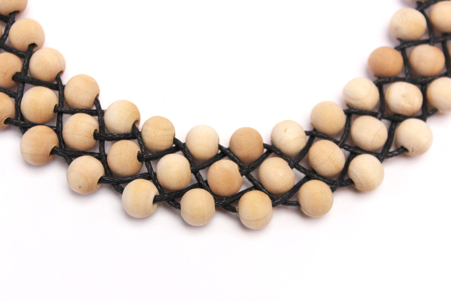 Beadwork statement necklace wooden beads braided with wax cotton