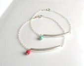 Silver Curved Bar Bracelet, pop of red or green, simple chic everyday jewelry, simple bracelet