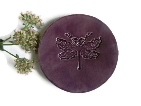 Purple Dragonfly Plate Elegant Ceramic Ring Dish Eco Friendly Pottery Plate - Ceraminic
