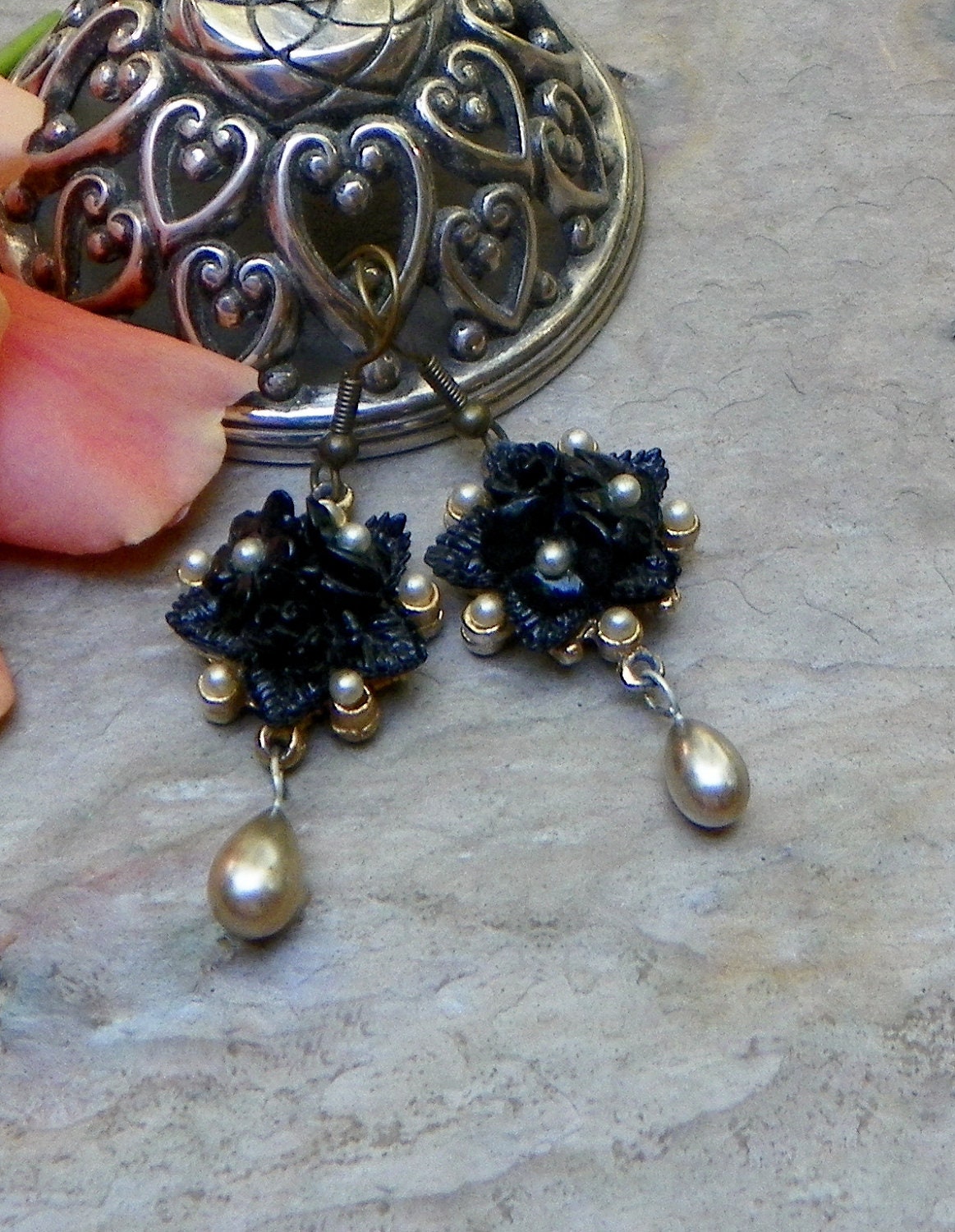 Victorian Black Carved Celluloid Rose Earrings
