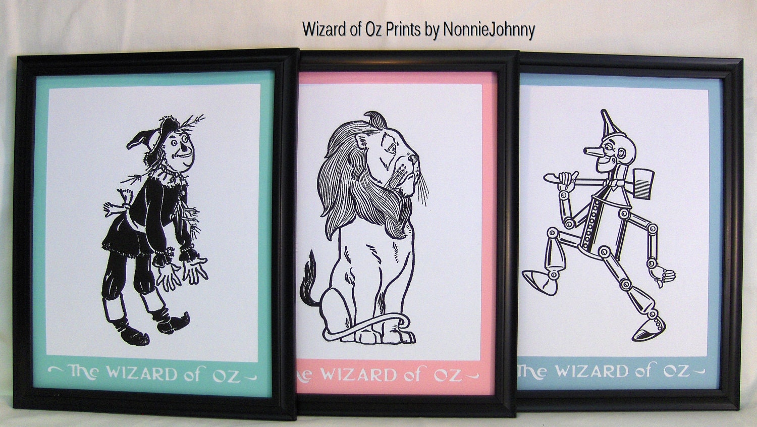 Wizard of Oz Prints, Cowardly Lion, Tin Woodman, Scarecrow, set of 3 ready-to-frame 8 x 10 mats in pastel colors, white prints