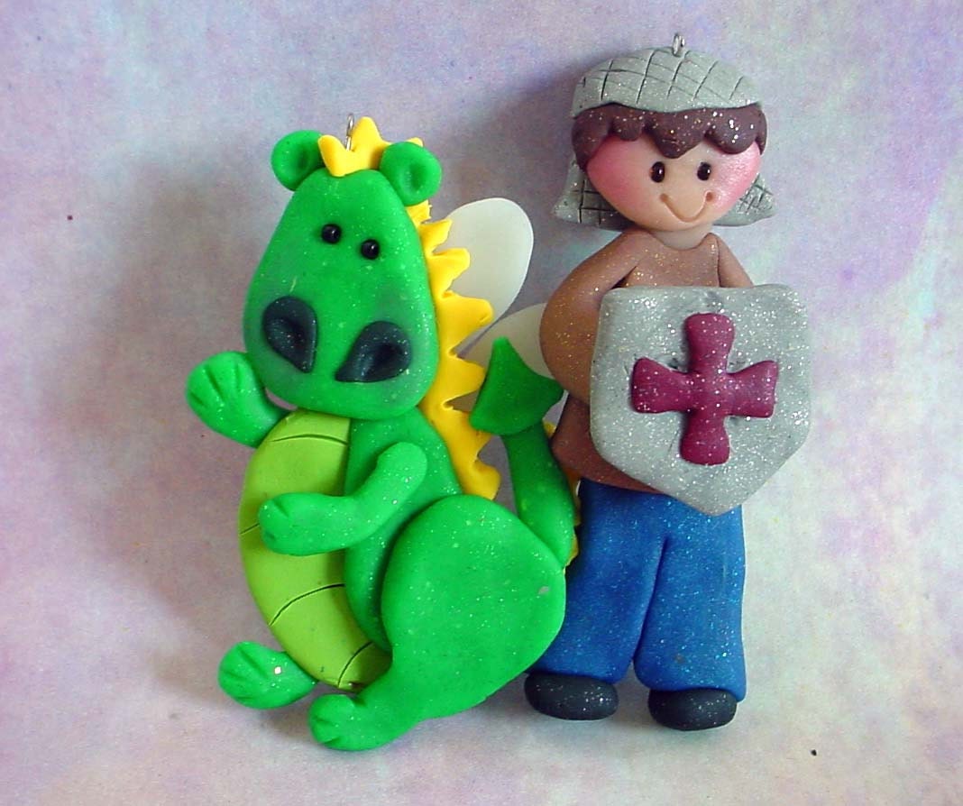 Polymer Clay Milestone Ornament /Cake Topper Knight Winged Dragon Shield