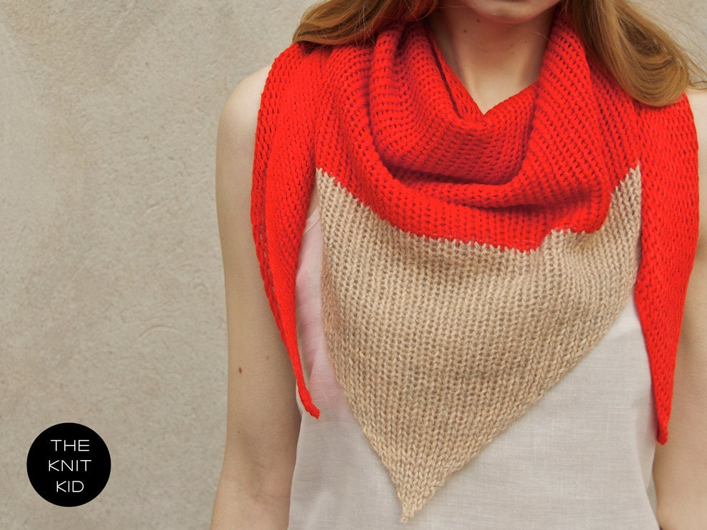triangle scarf red orange beige camel color block theknitkid cotton acrylic wool mohair