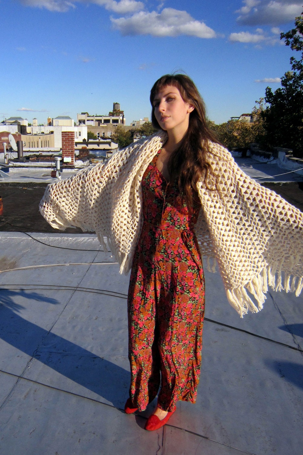 Crochet shawl, winter white, gypsy style, fringe, vintage