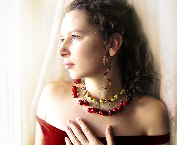 Red Cherry Necklace, statement necklace, handmade, ethnic, fall fashion
