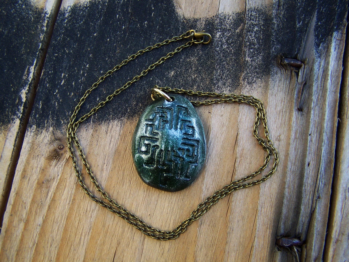 H.P. Lovecraft aztec Shub Niggurath greenish pendant, handmade and hand painted one of a kind