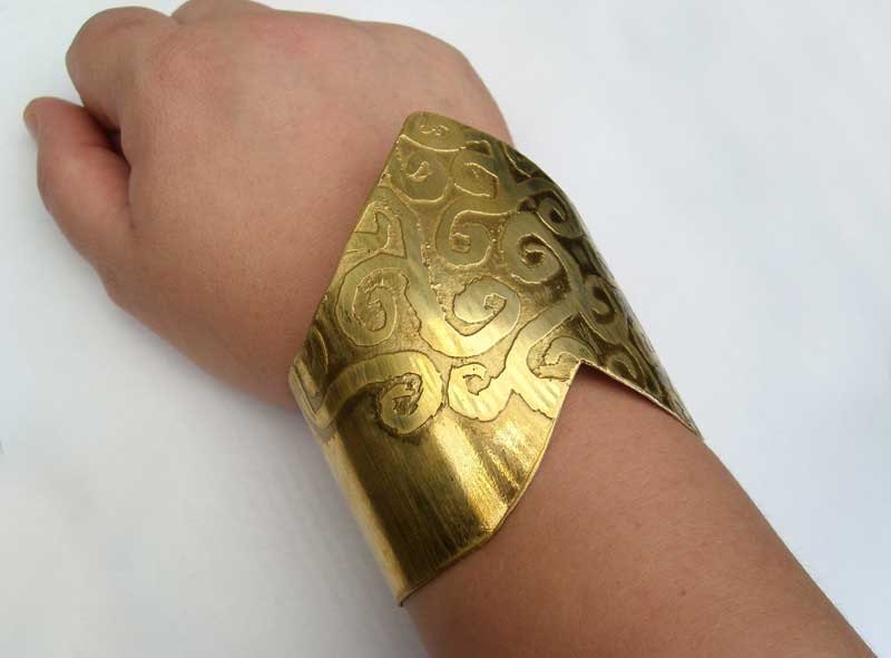 Brass cuff bracelet golden etched bracelet statement jewelry metalwork sculptural jewelry handmade bracelet