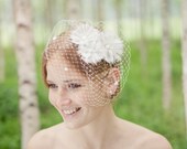 Bridal headpiece, fascinator, wedding hair accessoiry  with 3 little ivory silk organza flowers and veiling, by noni- mode