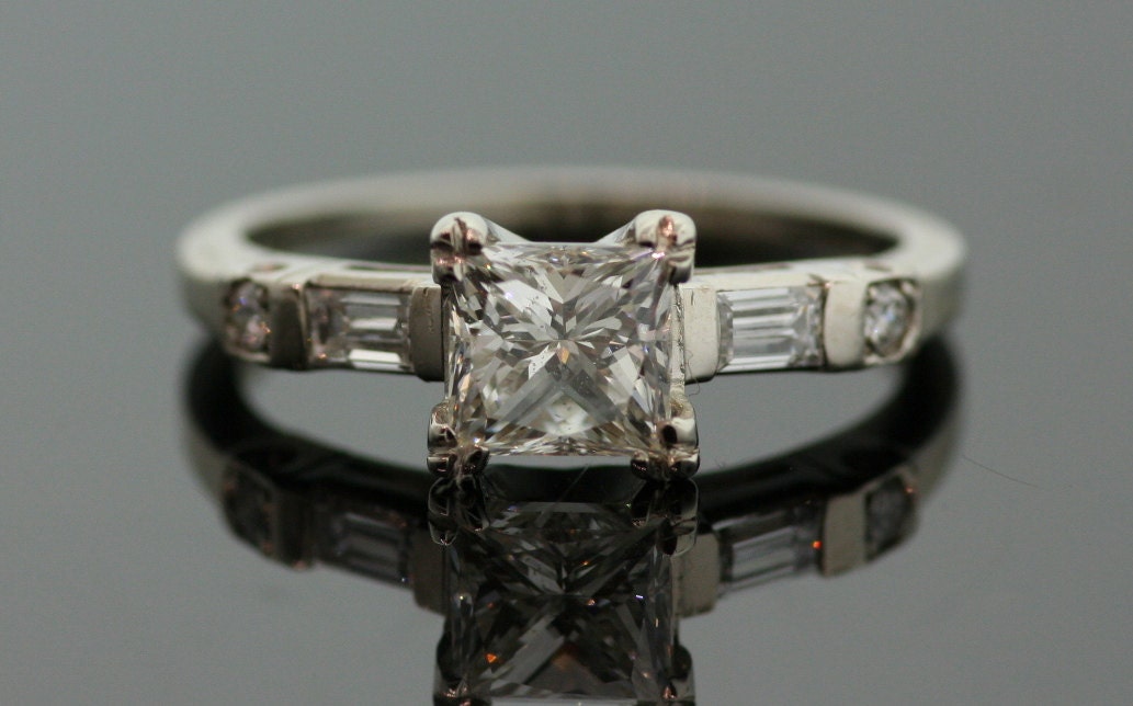Vintage Diamond Engagement Ring - 14K White Gold with Princess Cut Diamond