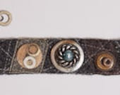 Handmade Mixed-Media Industrial Felt Bracelet Cuff with Ribbon and Metal Found Objects - 1" Wide