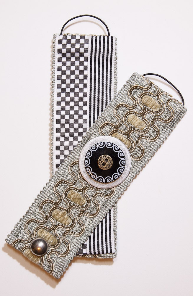 Handmade Mixed-Media Retro Tapestry Fabric Cuff with Graphic Button and Funky Lining - 2" Wide