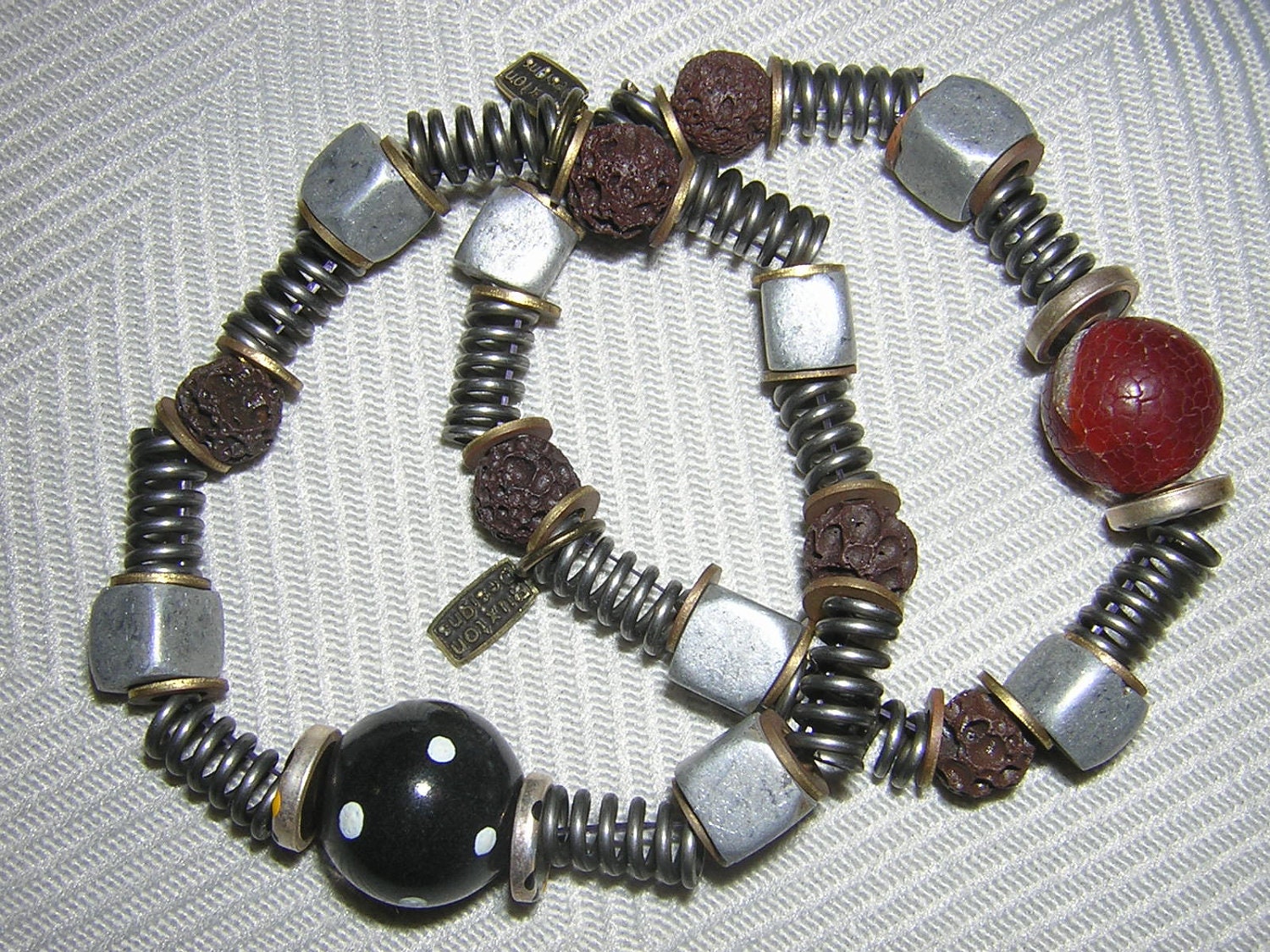 Handmade Mixed Media Industrial Bracelets with Lava Rocks, Aluminum Beads and Metal Found Objects