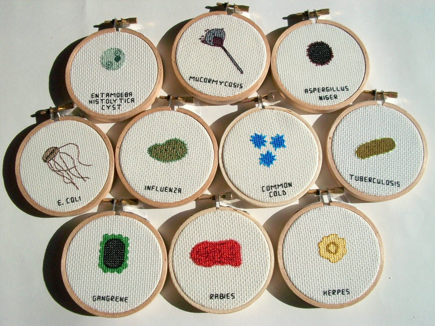 Any 5 Microbes cross stitch set -- instant collection of common germs, microbes for your wall