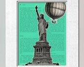 New in town, hot air balloon entering NYC Statue of Liberty Print on salvaged page book art print, children decor, kids wall art, wall art