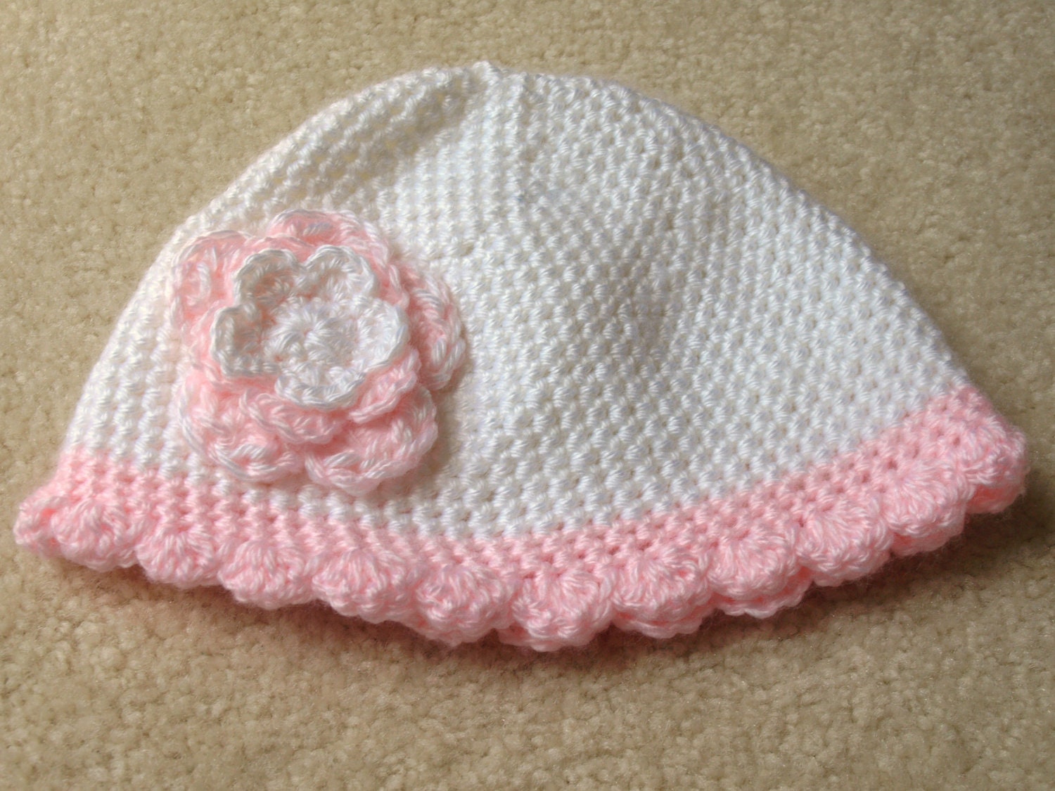 white and pink crocheted baby cap with layered flower- size 6-12 months- baby girl accessories