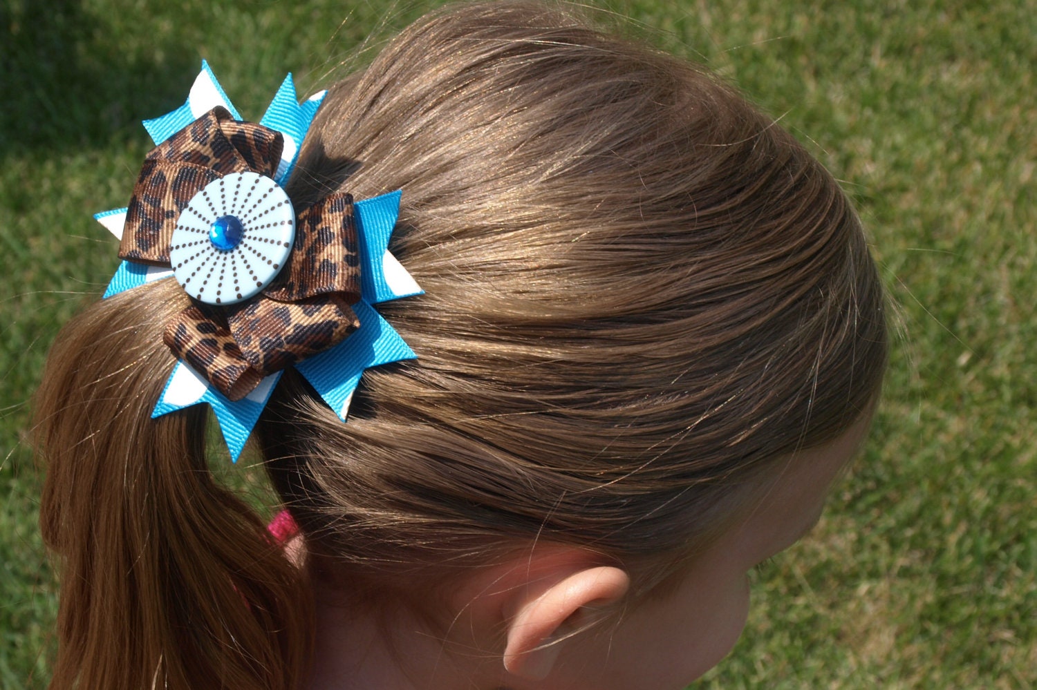 bright blue and leopard print hair bow- hair bow with button, animal print barrette