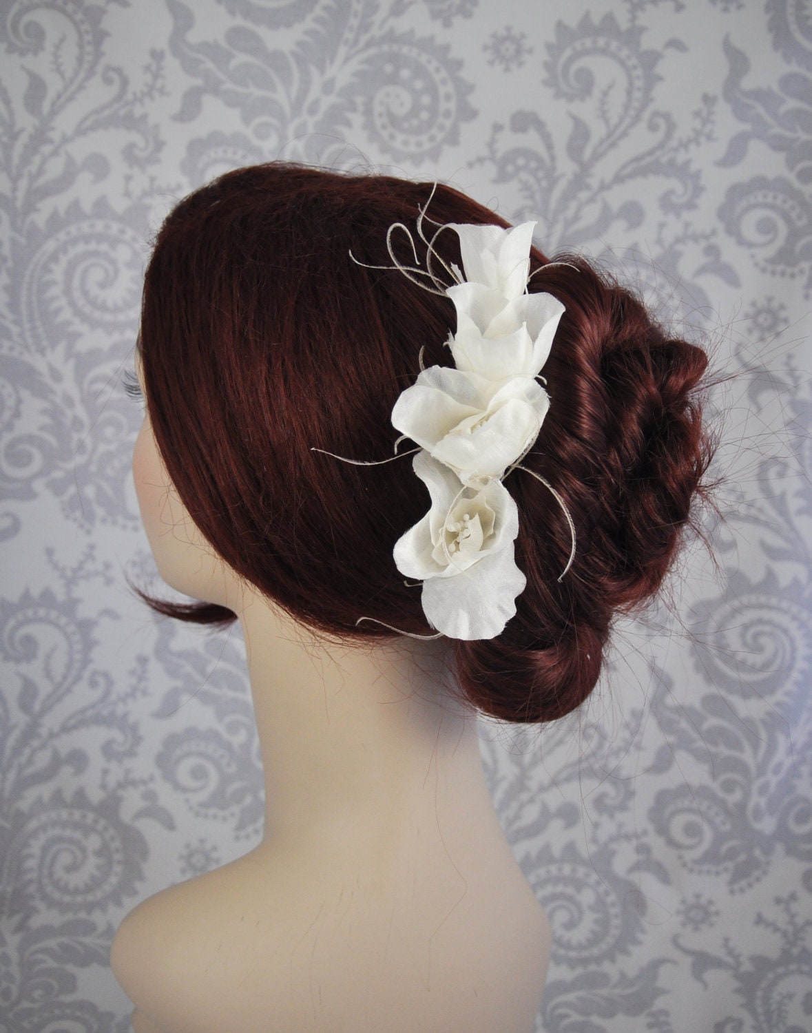 Bridal Hair Flower with Feathers, Silk hair flowers, Bridal flower, Bridal Flower Crown, Bridal Fascinator, ivory, White, Black