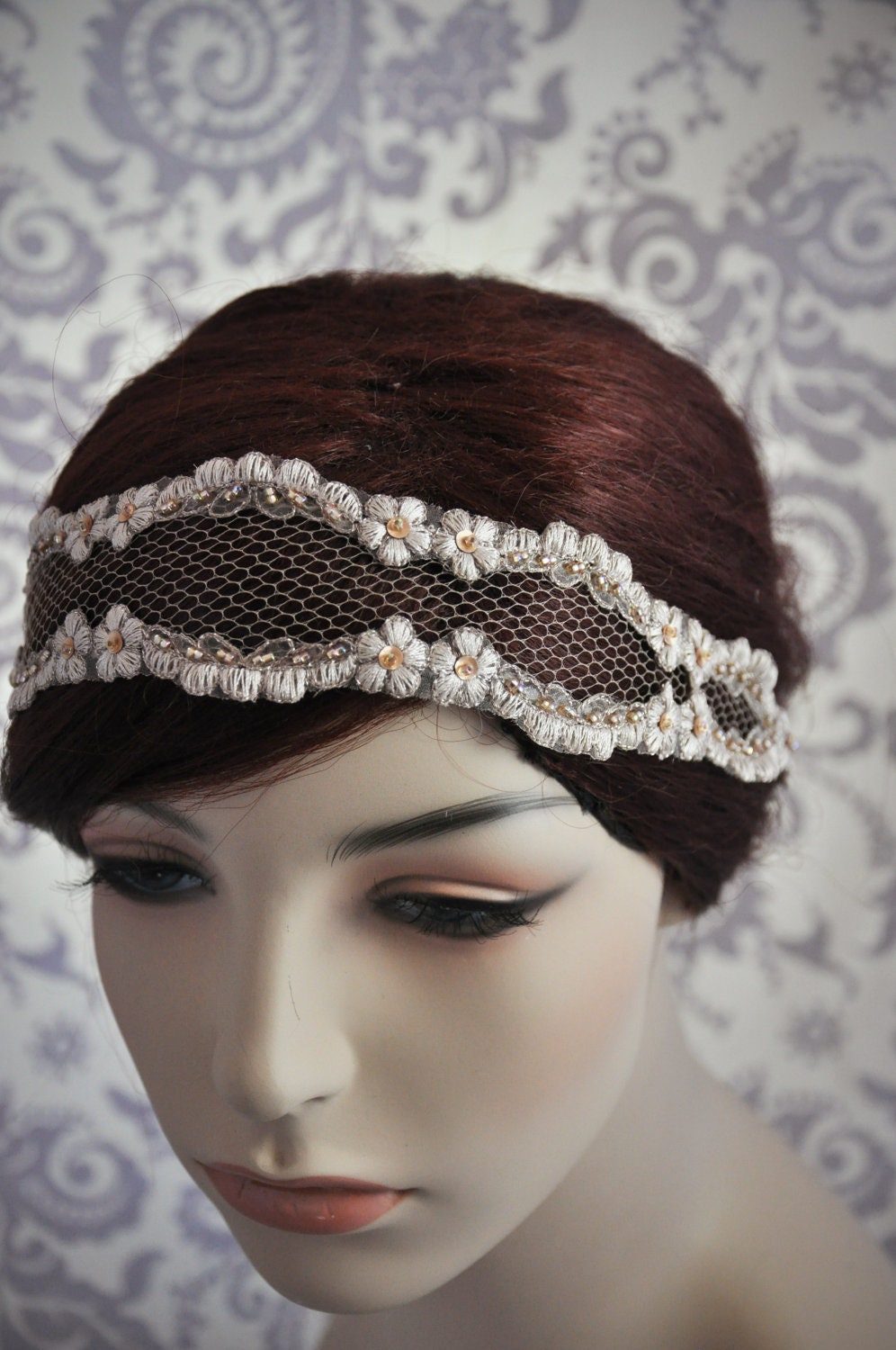 Champagne Bridal Headband, Boho Bridal accessories, Bohemian Headband, Champagne Lace Headband with Netting