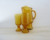 1960s amber yellow glass - vintage kitchen - vintage pitcher and glasses