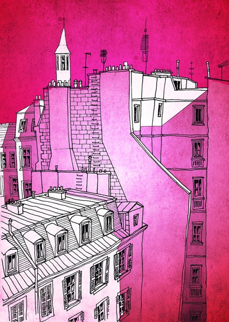 In an old house in Paris 2.  - Pink - Paris illustration - art print - Paris art illustration - Paris decor - pink art, France, French