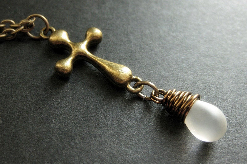 Pale Frost Teardrop Pendant Necklace. Bronze Cross Necklace. Christian Necklace. Handmade Jewelry.