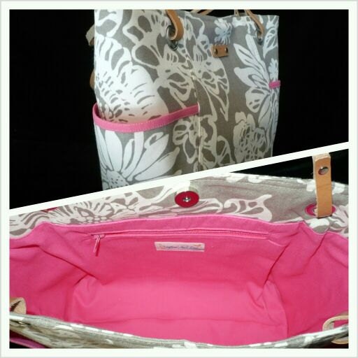 Gray and White Floral Canvas Bag Purse with Hot Pink, Handmade handbag, Shoulder Bag with leather handles