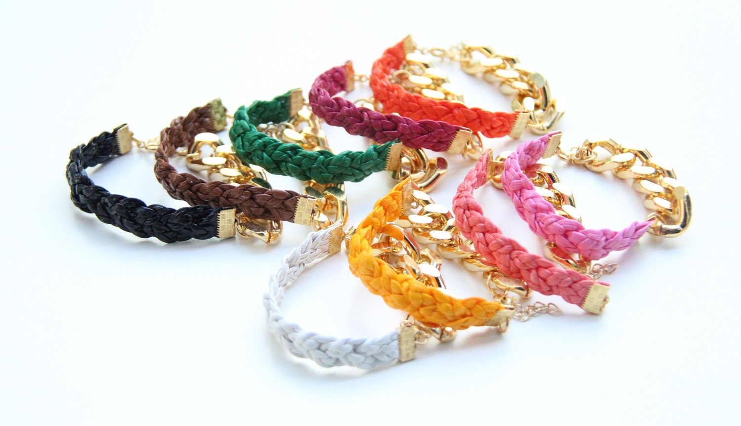 Arm candy - Gold Extra chunky chain with Yellow leather braid Bracelet - 24k gold plated
