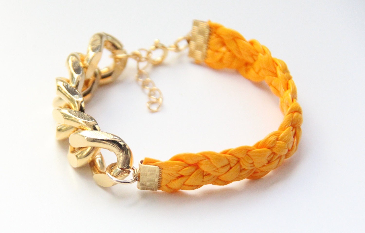 Arm candy - Gold Extra chunky chain with Yellow leather braid Bracelet - 24k gold plated