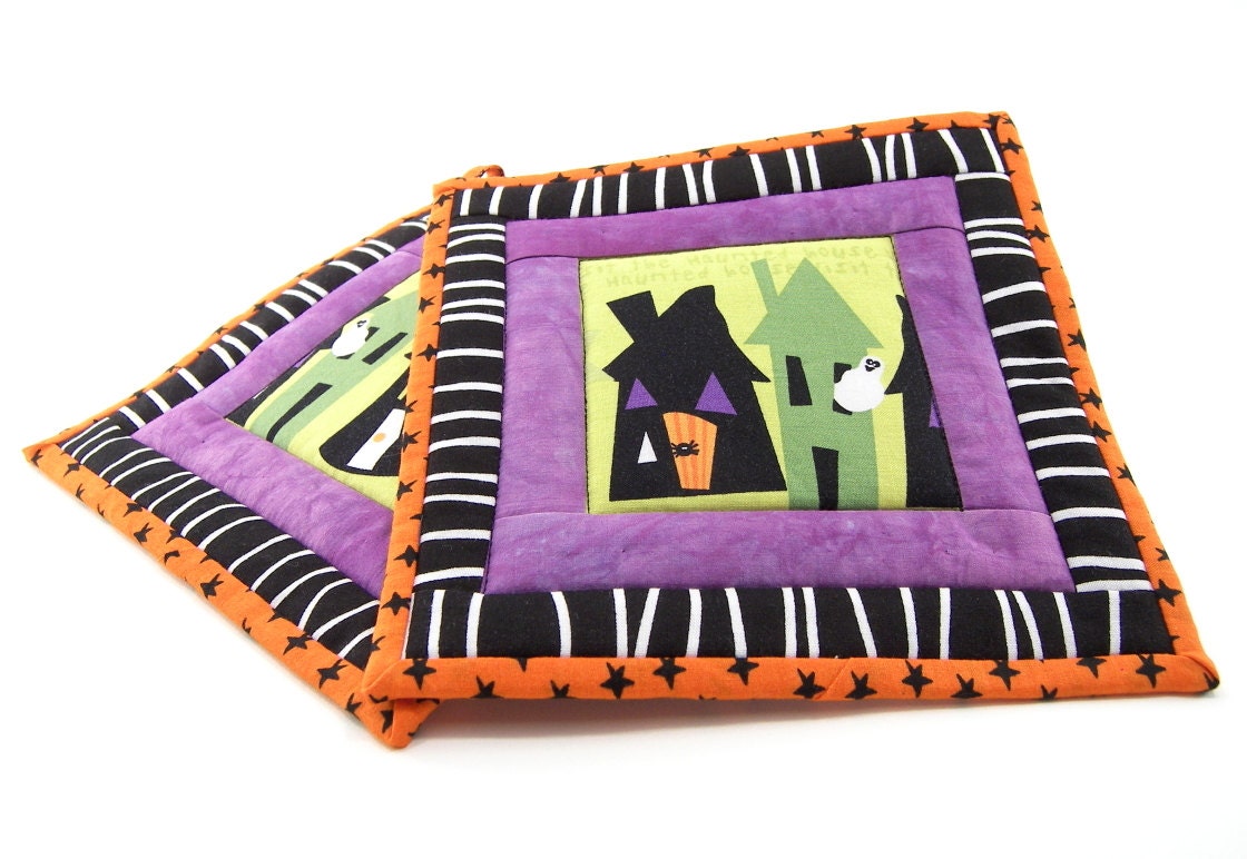 Haunted House Hot Pads, Halloween Pot Holders in Black, White, Orange, Purple and Green
