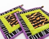 Halloween Pot Holders, Fabric Hot Pads in Orange, Black & White and Chartreuse Green Quilted Potholders