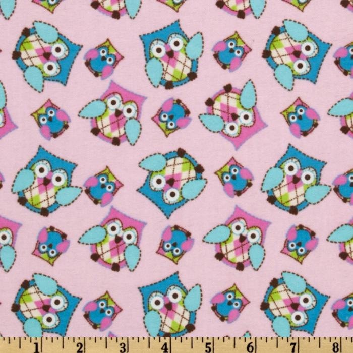 Owl Tree Nursery Owls Toss on Pink Cotton Flannel Fabric by the yard