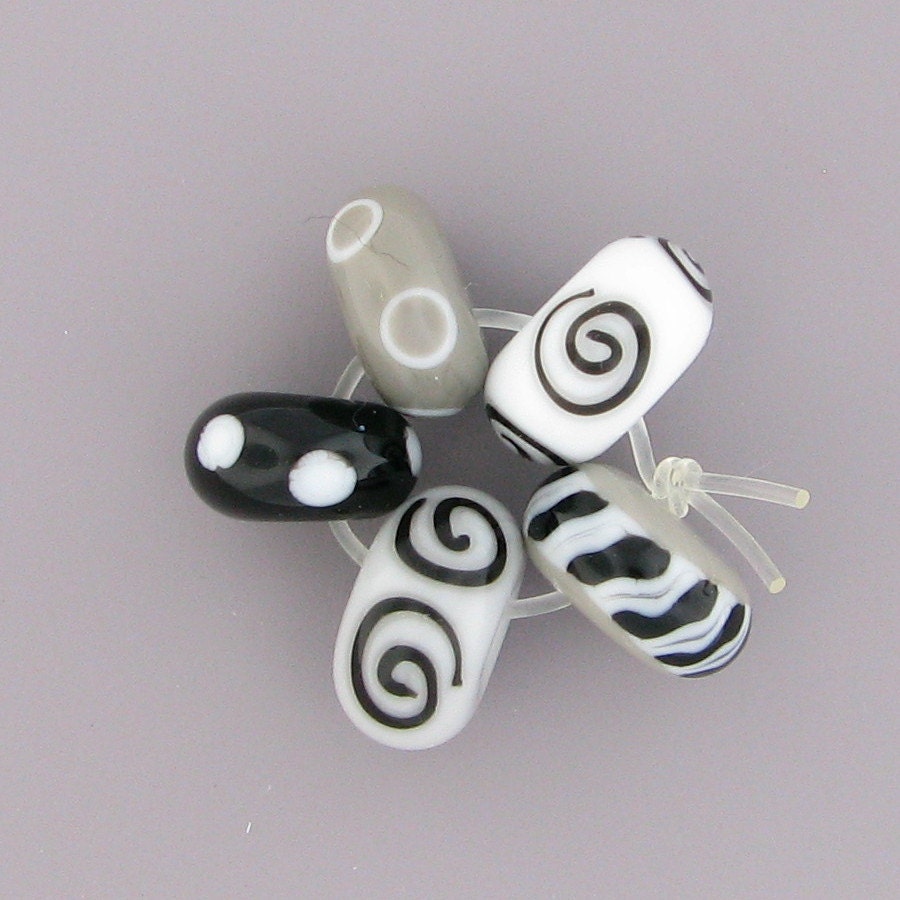 black, white and grey lampwork glass beads set - handmade lampwork beads