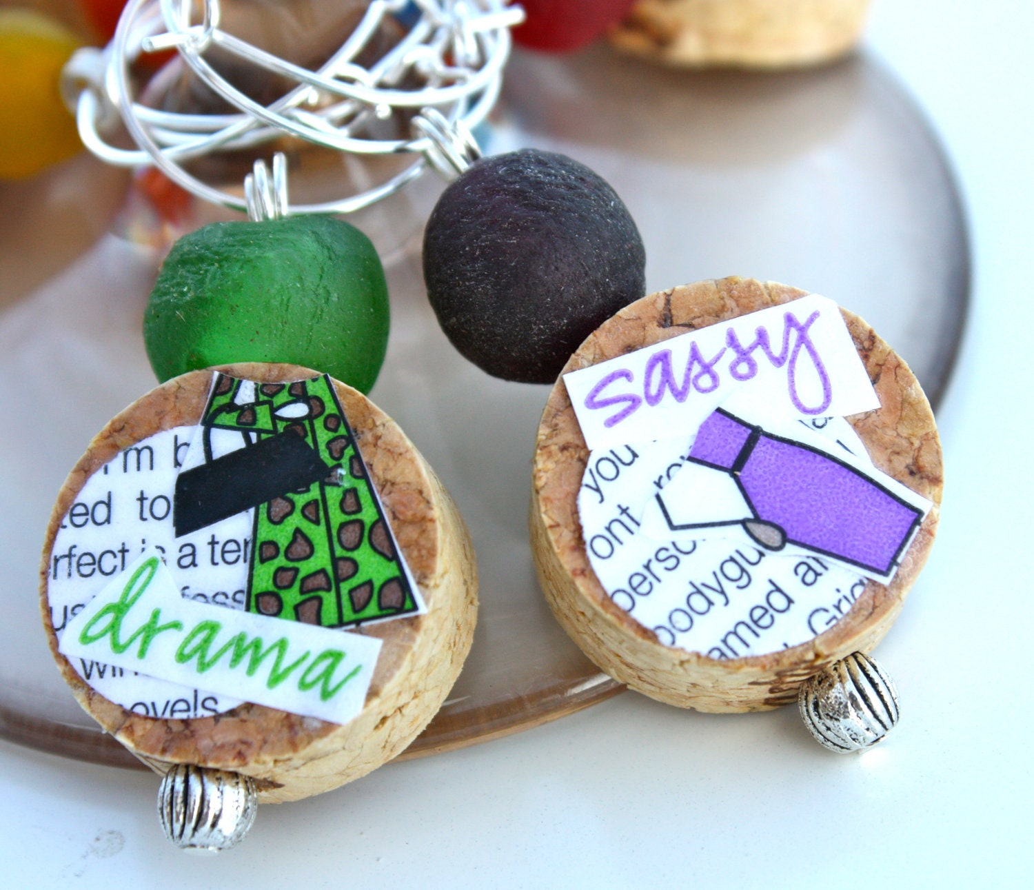 Wine Glass Charms - Cork with Middle Sister Wine Labels