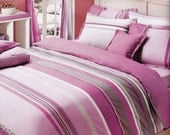 Custom Queen Size Lilac and Pink Grey Striped Printed Cotton Bedding Set with Sheets and Pillow Cases , 6pcs