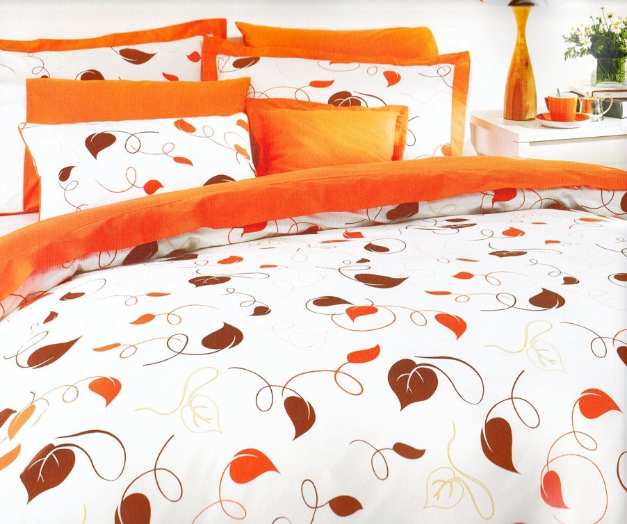 Custom Queen Size Pumpkin Orange and Brown Fall Leaves Printed Bedding Set  with White Sheet and 4 pillows , 6 pcs