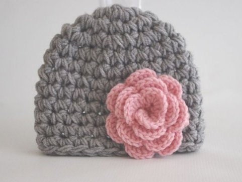 Baby girl Easter Hat, Beanie gray and pink flower Hat