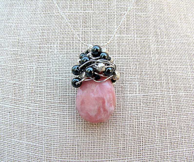 Peruvian pink opal necklace Grey gemstone beaded necklace Sterling silver Wire wrapped beaded jewelry Gemstone jewelry Mothers Day