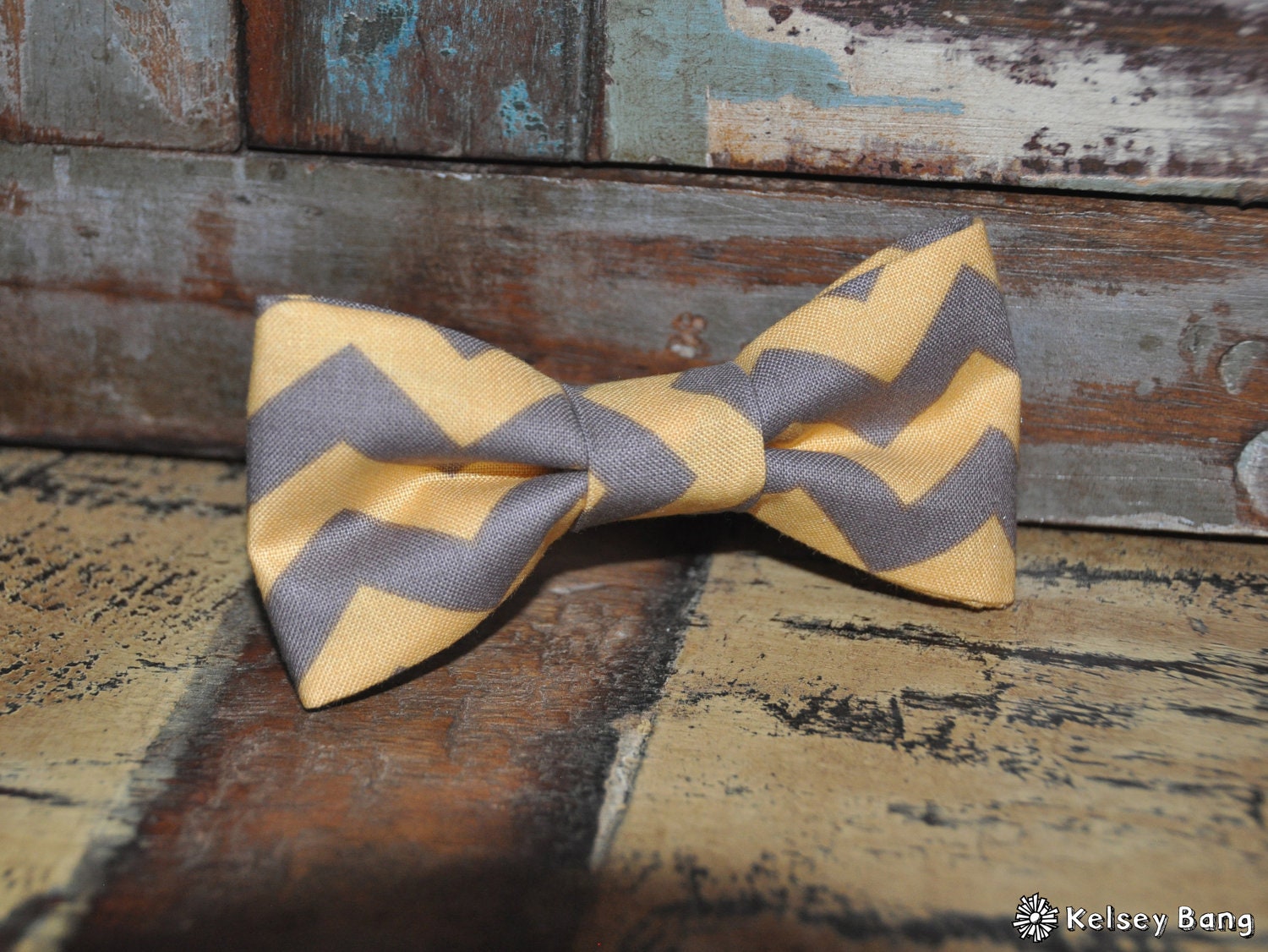 boys easy clip on bow tie - yellow and gray chevron