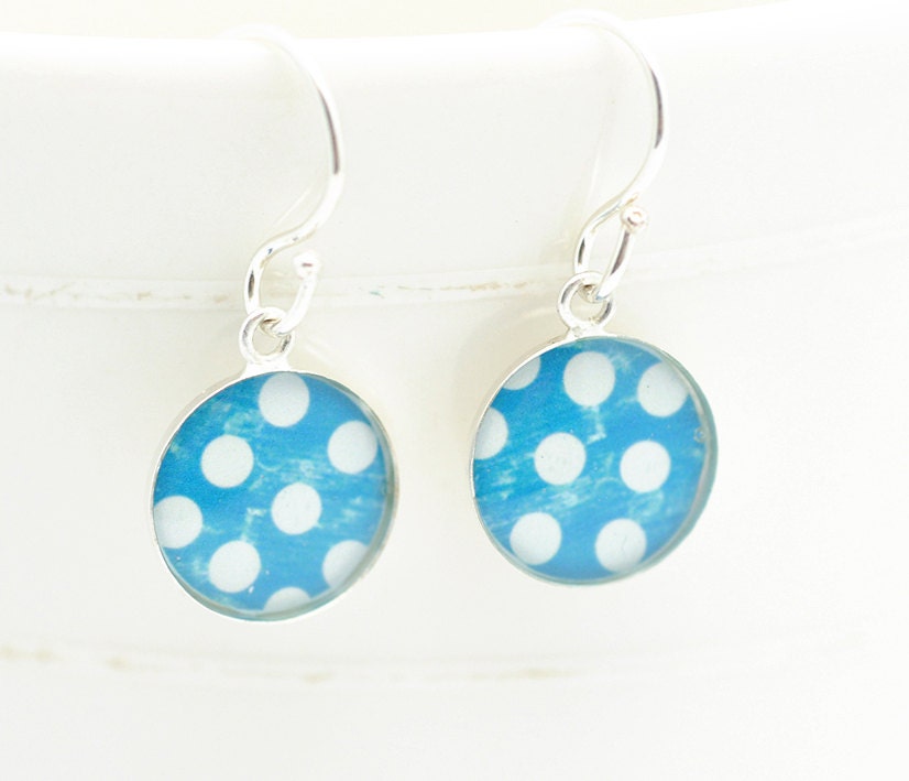 Polka Dot Earrings Blue White Polka Dot Earrings Sterling Round Earrings