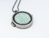Locket Antiqued Silver Personalized Photo Locket Aqua Cream Beaded Edge Locket