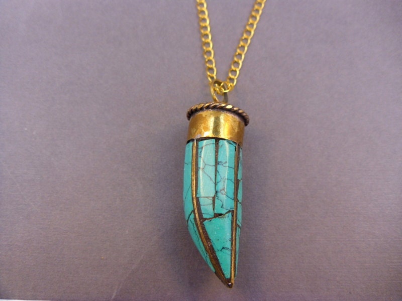 Tibetan Brass Turquoise Horn Necklace - Boho Celebrity Style