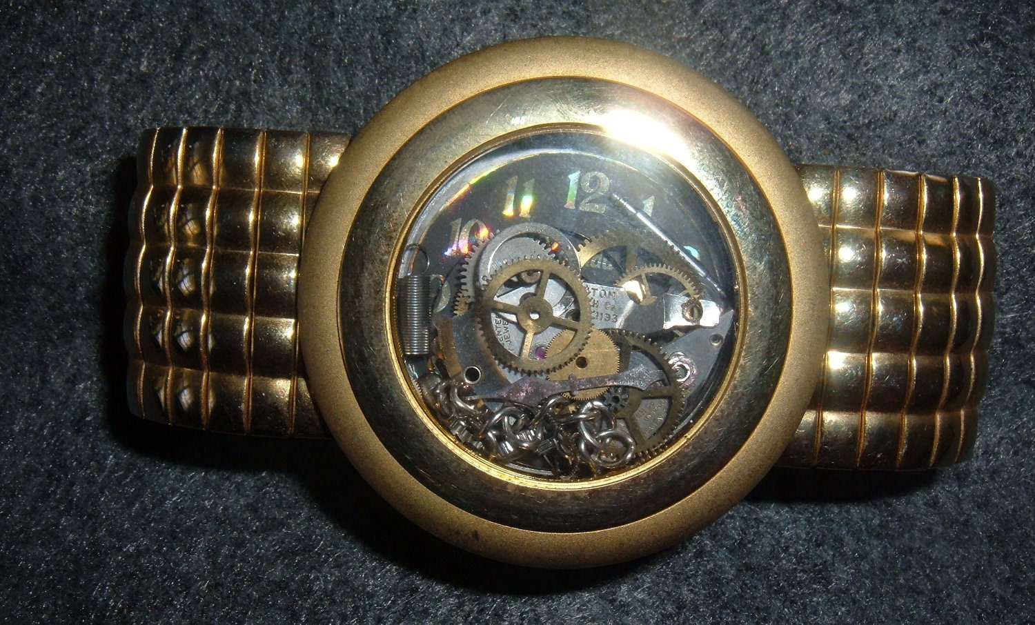 Retro,Upcycled, Watch Parts Bracelet, SteamPunk, Wide, Chunky, Gold-Tone Band OOAK