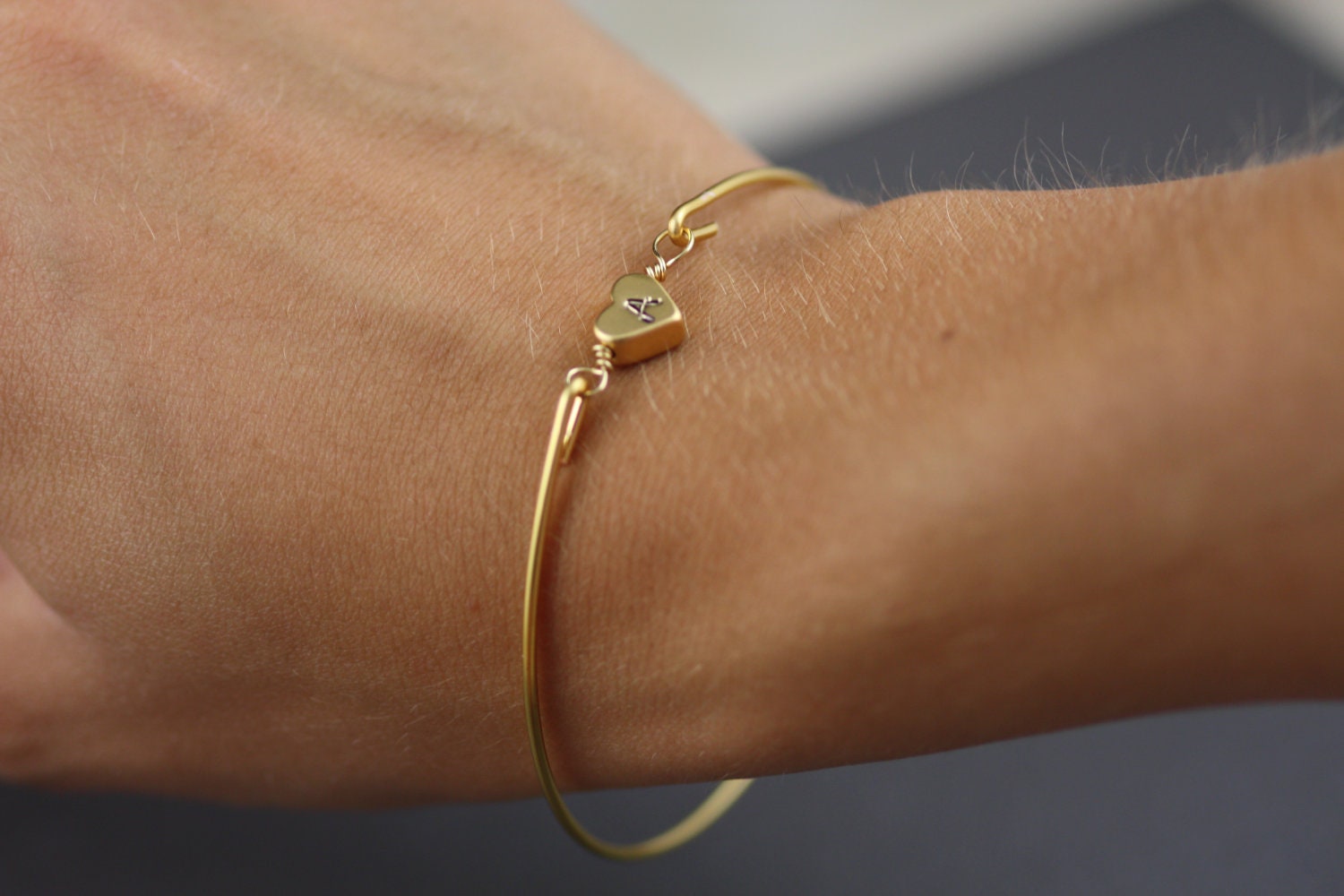 Gold Heart Bangle Bracelet-Simply Gold Personalized Heart Bangle Bracelet- Initial Jewelry- Minimalist Jewelry- Bridesmaids Gifts