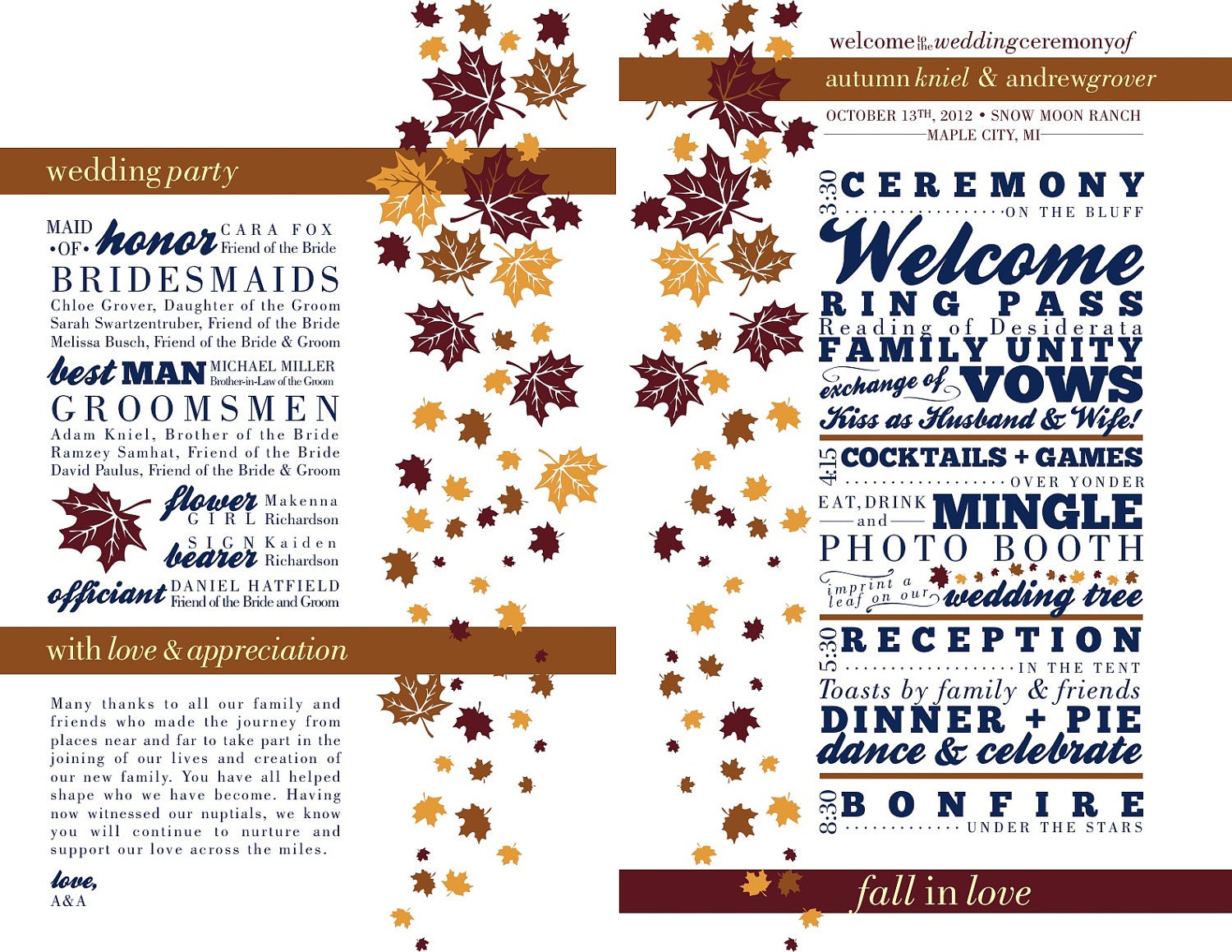 DIY Wedding Fan Program - Printable File - Rustic, Fall, Autumn, Leaves, Orange, Blue, Red, Yellow, Vintage, Shabby Chic wedding