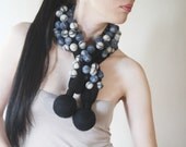 Black Scarf, Felted Neckwarmer, Knitted, Bubble, Pompom Scarf, Cowl, Unique, Felt balls,