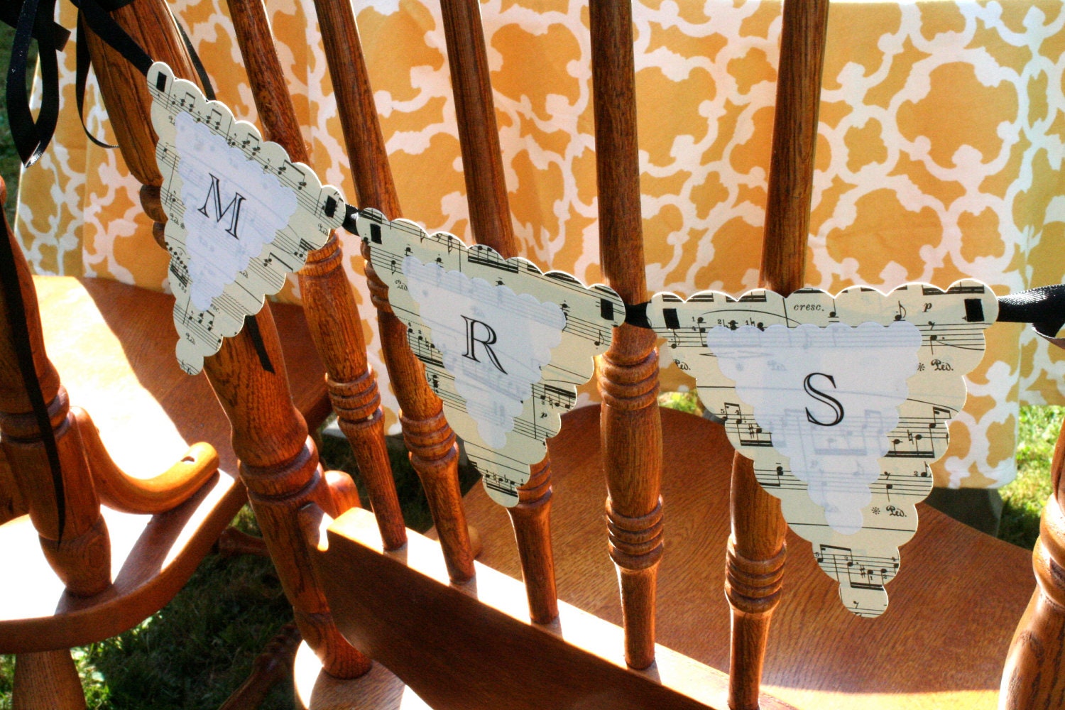 Wedding banners, Mr and Mrs chair banners.  Vintage sheet music design, reception decoration for bride and groom.