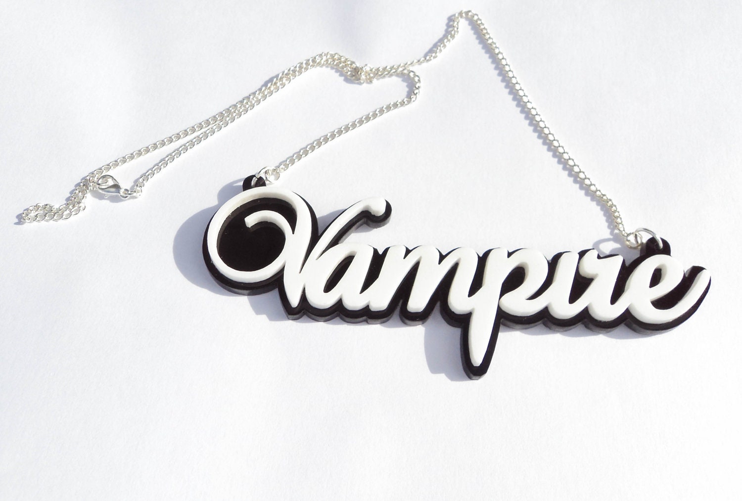 Vampire word statement Necklace white and black layered acrylic