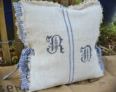 linen cushion grainsack antique initials cross stitch R D