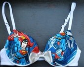 BOW OF STEEL Push-Up: White Push-Up Bra with Superman Comics Fabric and a big Silver Bow